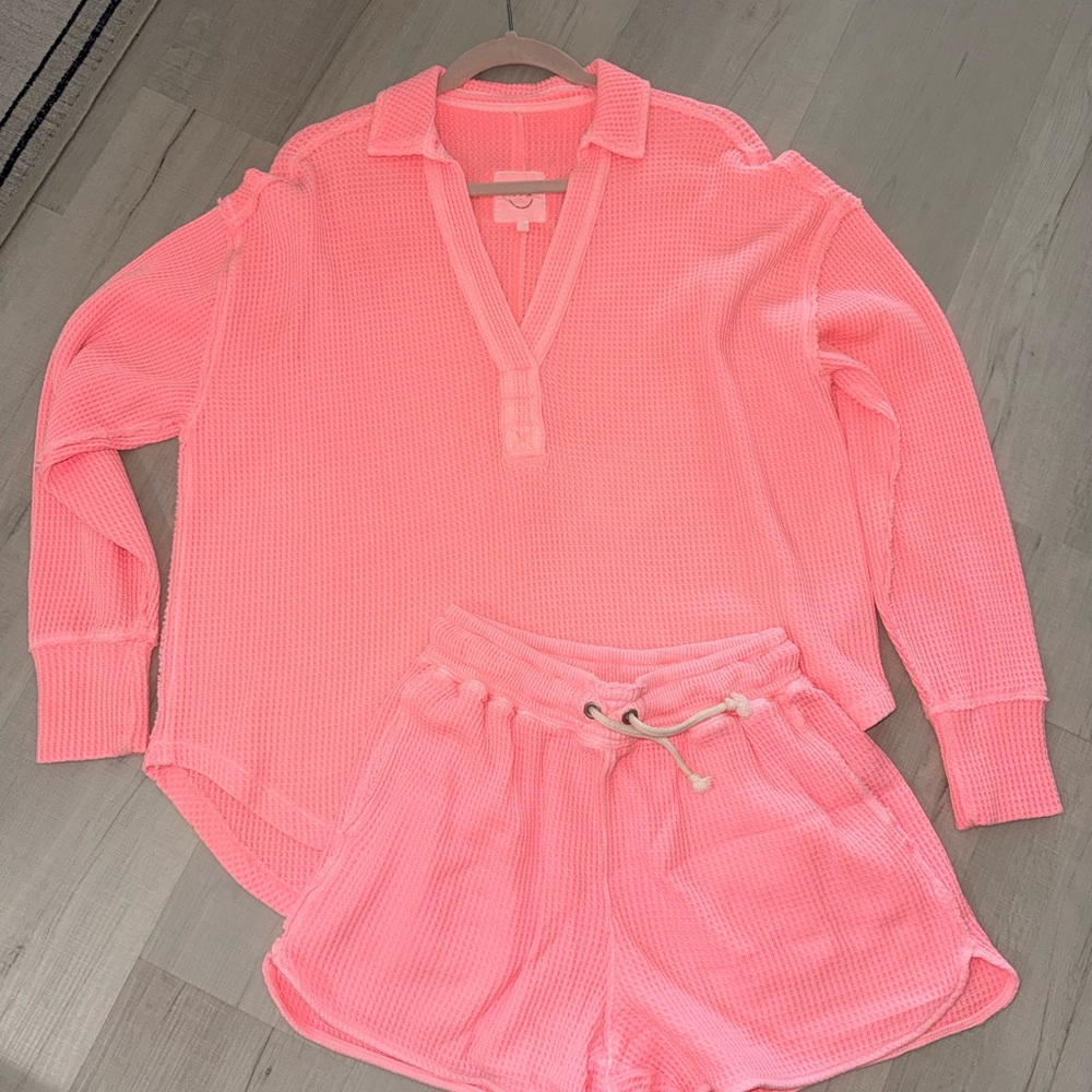 aerie Neon Pink Waffle-Knit Long Sleeve XXS Top & Drawstring XS Shorts Set
